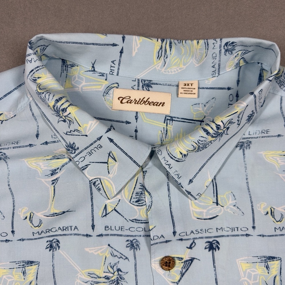 Caribbean Cocktail Print Camp Shirt Mens 3XT Blue Rayon Hawaiian Short Sleeve - Picture 4 of 12